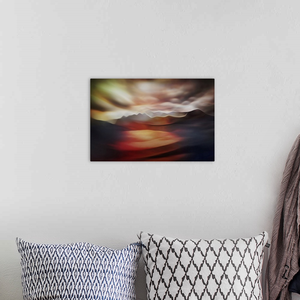 A bohemian room featuring Abstract landscape. The original is a studio shot of water reflecting colors. The shape of the mo...