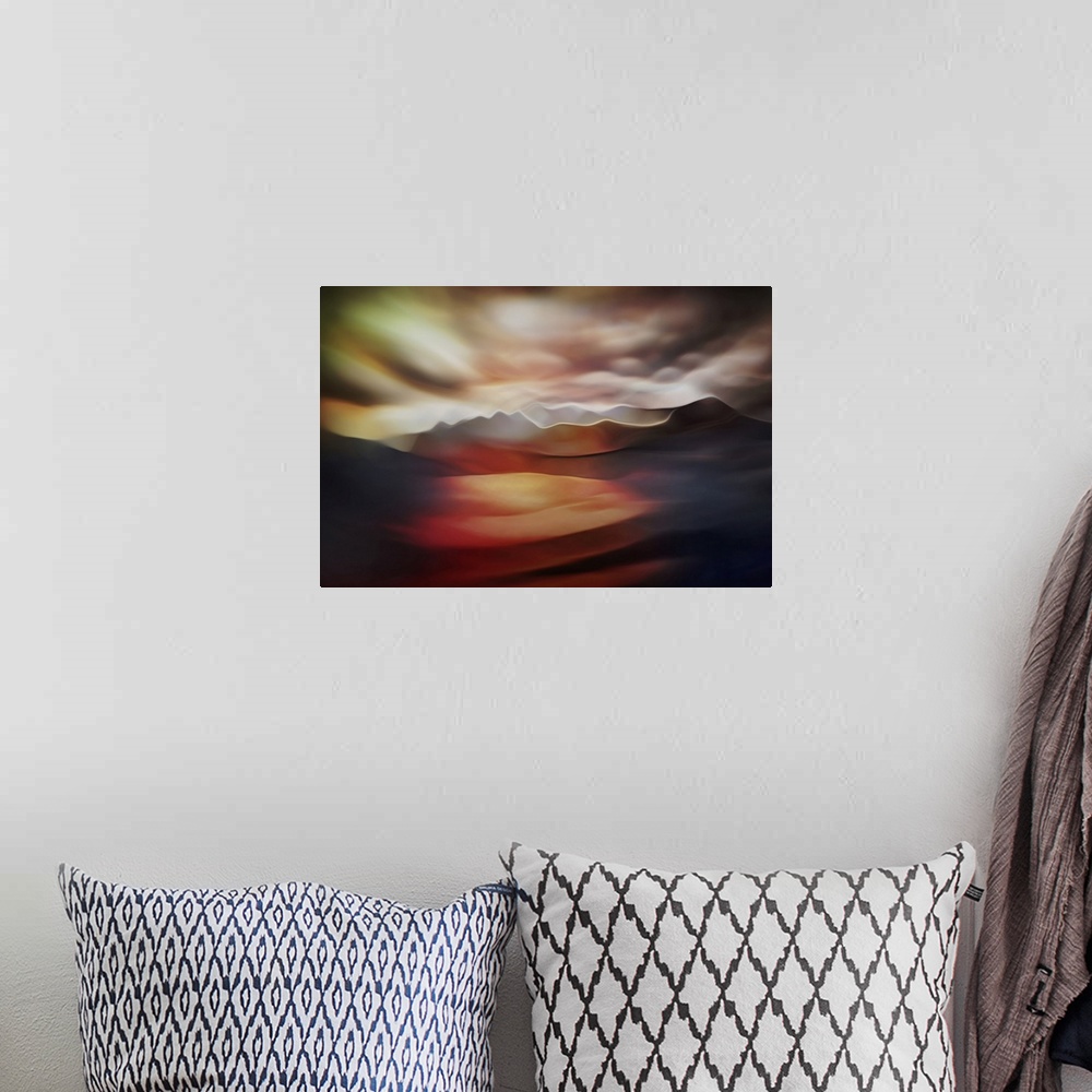 A bohemian room featuring Abstract landscape. The original is a studio shot of water reflecting colors. The shape of the mo...