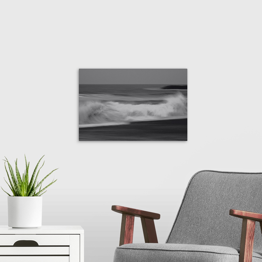 A modern room featuring Artistically blurred photo. Stormy wind over the sea, early in the evening on a cloudy and cold w...