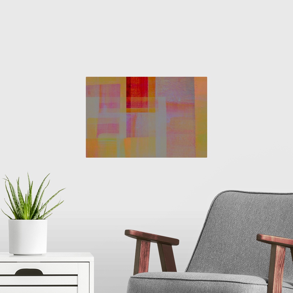 A modern room featuring An abstract impressionist image of soft crimson reds, blues greens, turquoise and oranges arrange...