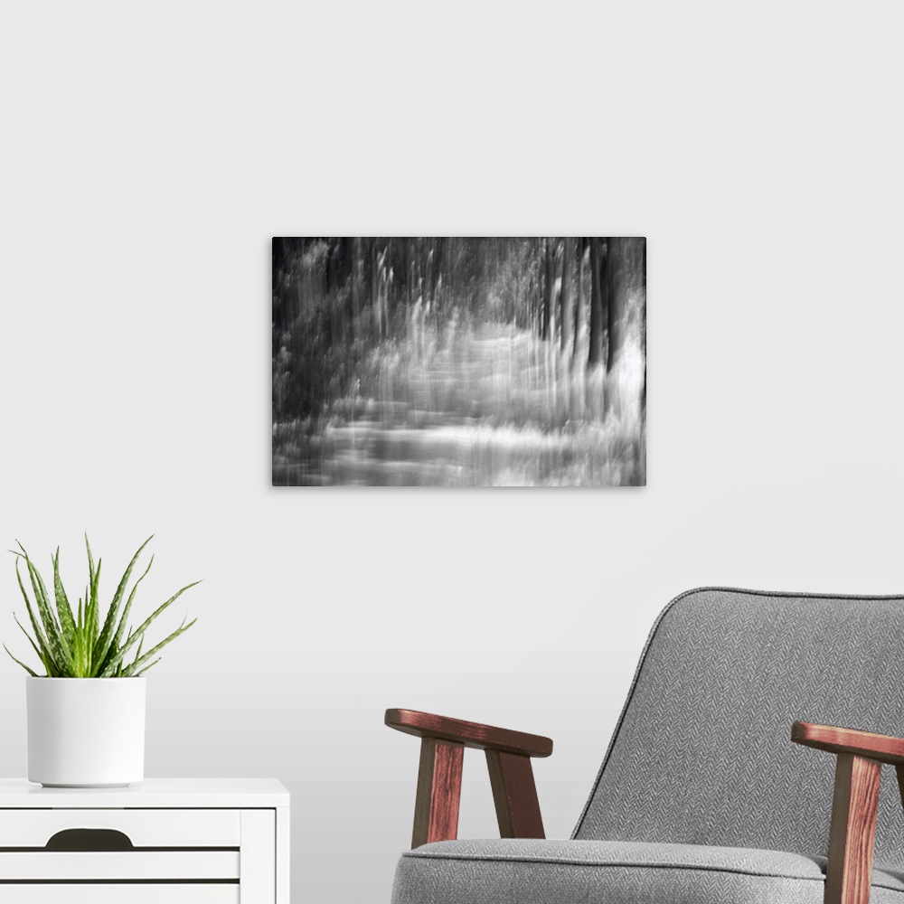 A modern room featuring Artistically blurred photo. Early in the morning on a sunny autumn day in a forest in near the ci...