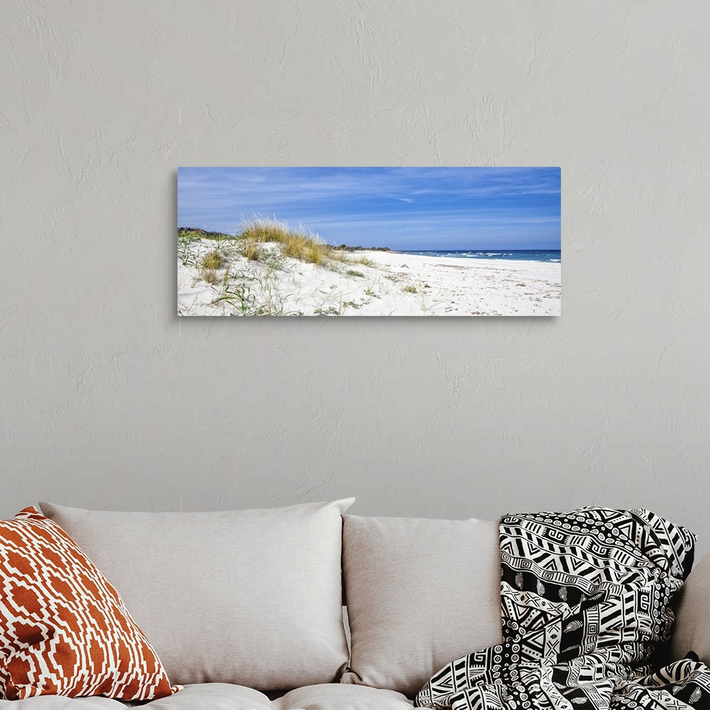 A bohemian room featuring This picture was shot in Sardinia in the summer. A lonely beach with dunes and shrubs with the se...
