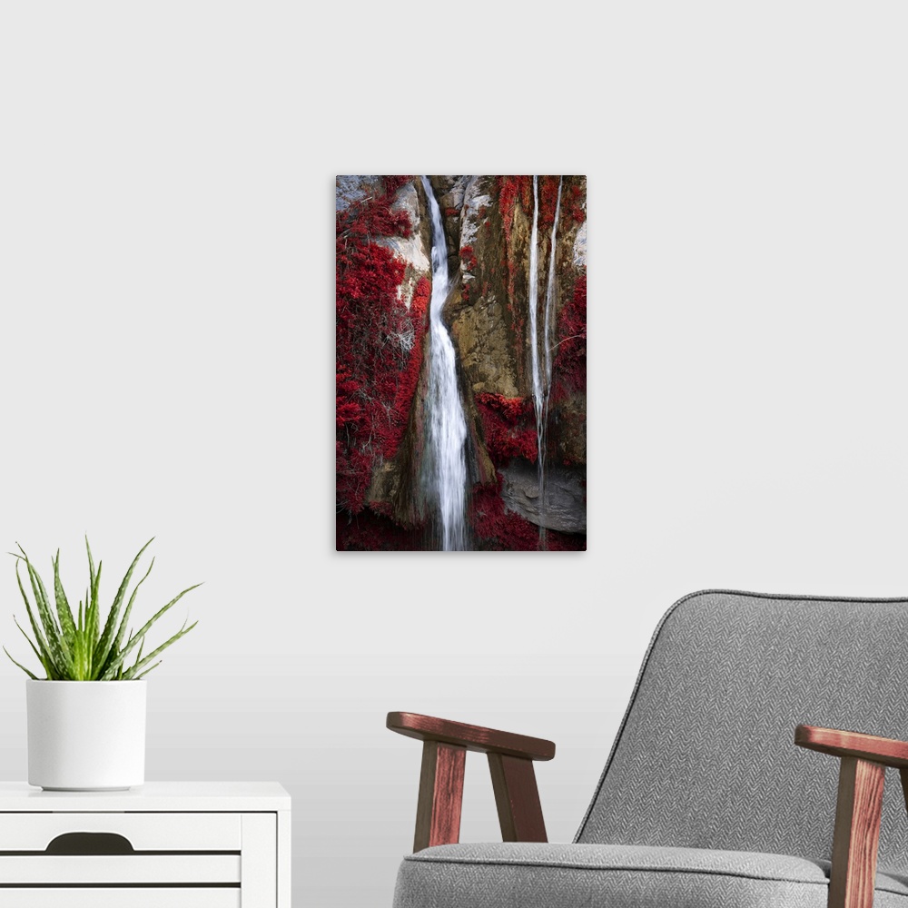A modern room featuring A photograph of a thin waterfall running through cracked rocks and fall foliage.