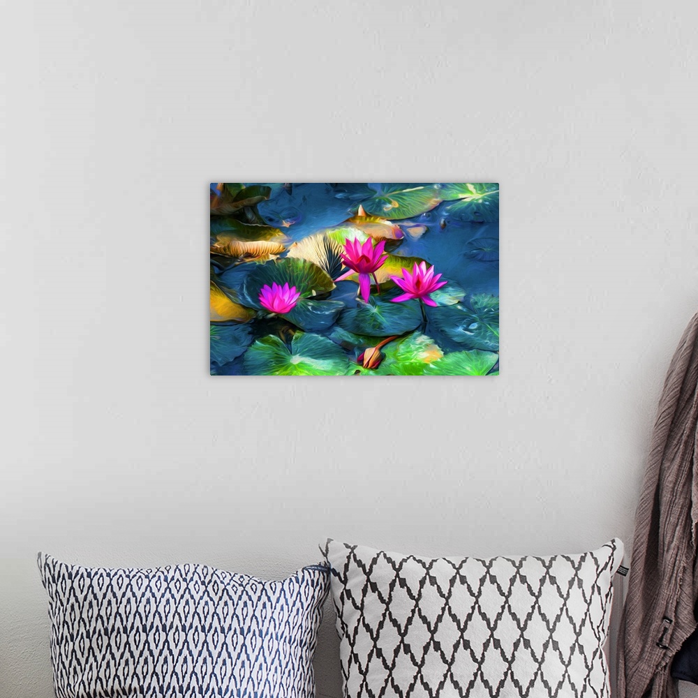 A bohemian room featuring Water lily flowers in expressionist photo