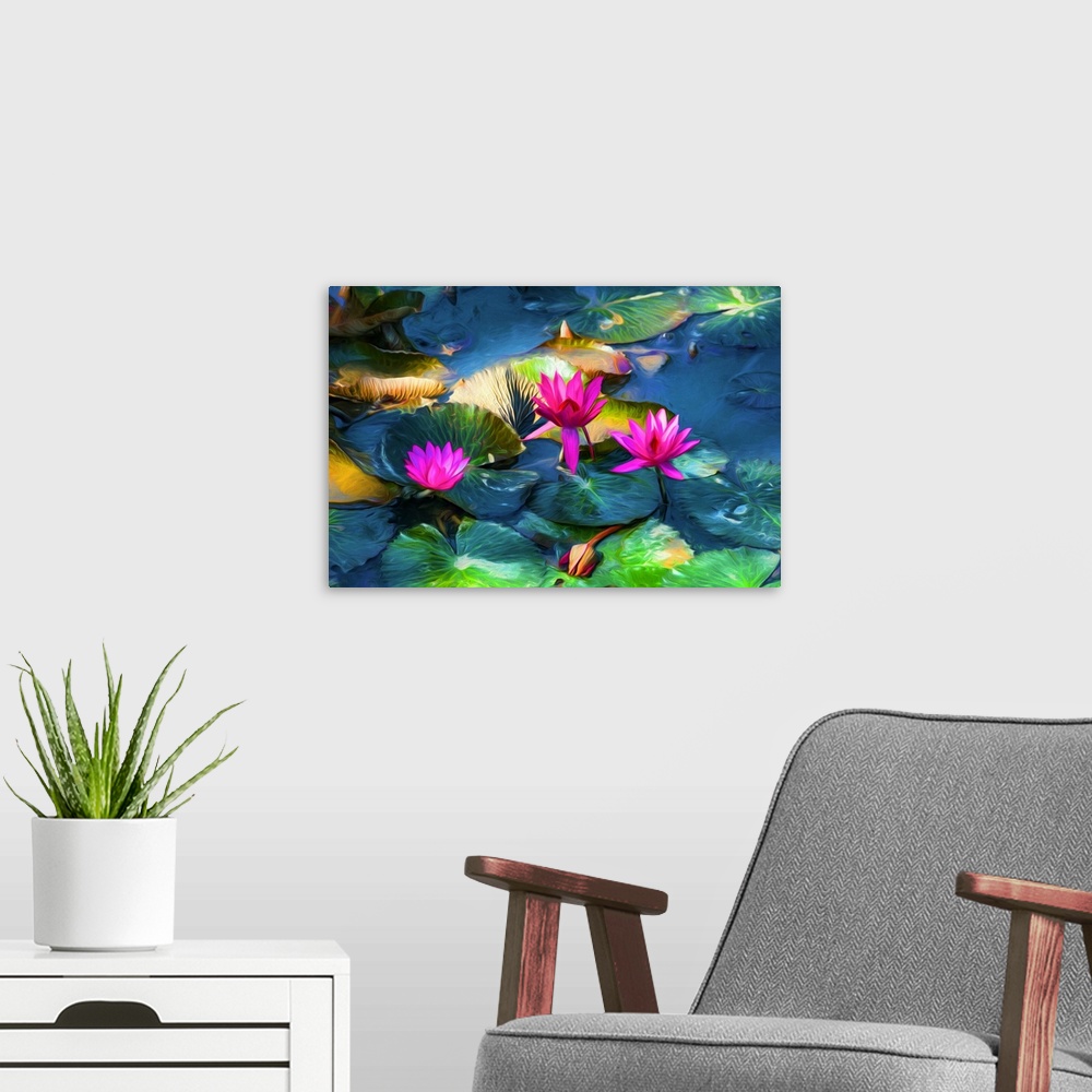 A modern room featuring Water lily flowers in expressionist photo