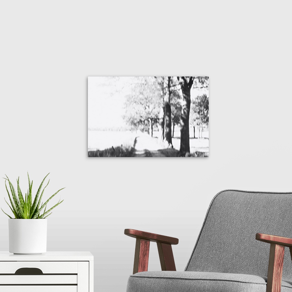 A modern room featuring Artistically blurred photo. At the edge of a forest near the City of Nijmegen, The Netherlands. A...