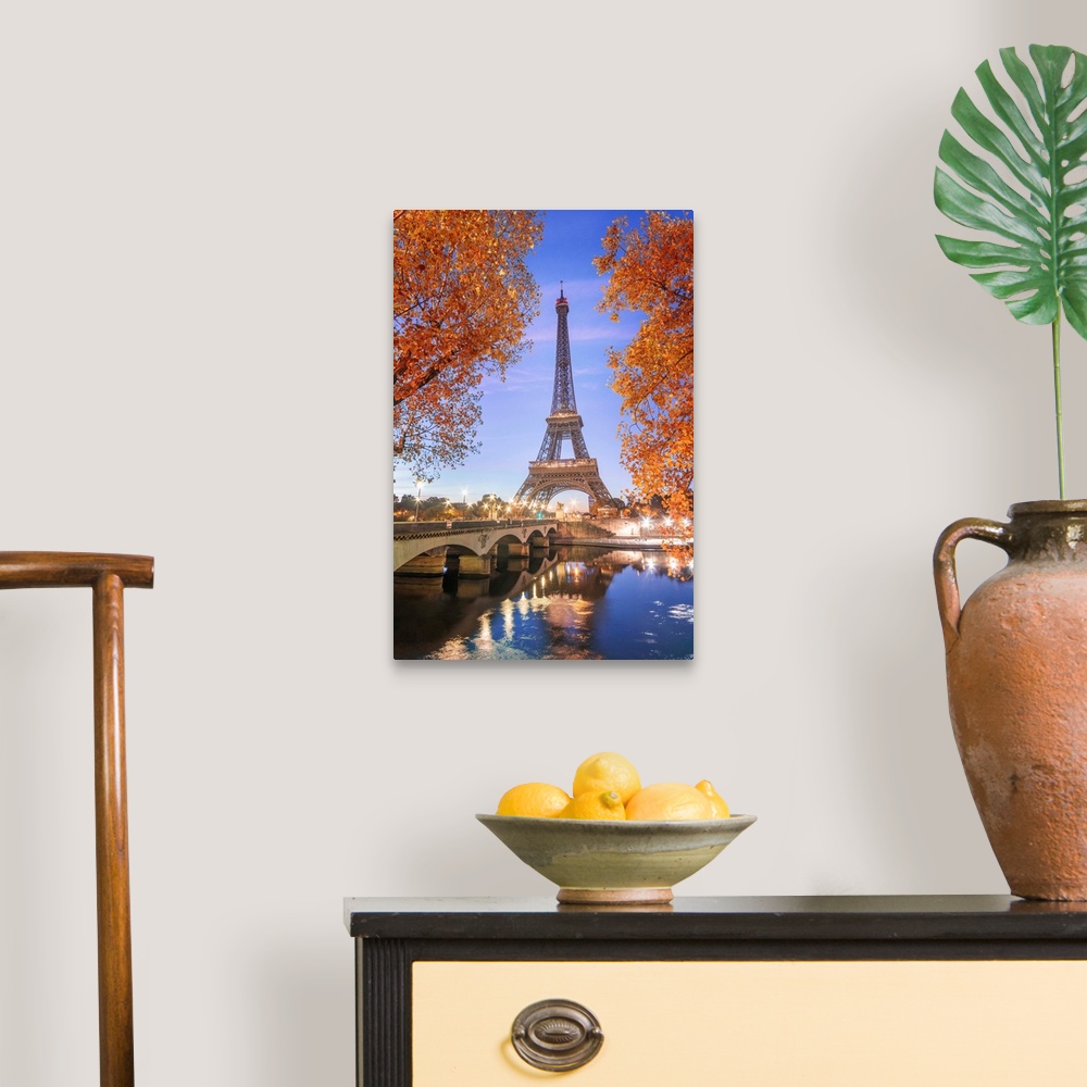 A traditional room featuring Early morning for the Eiffel tower in Paris, facing the Jena bridge with green trees around and l...