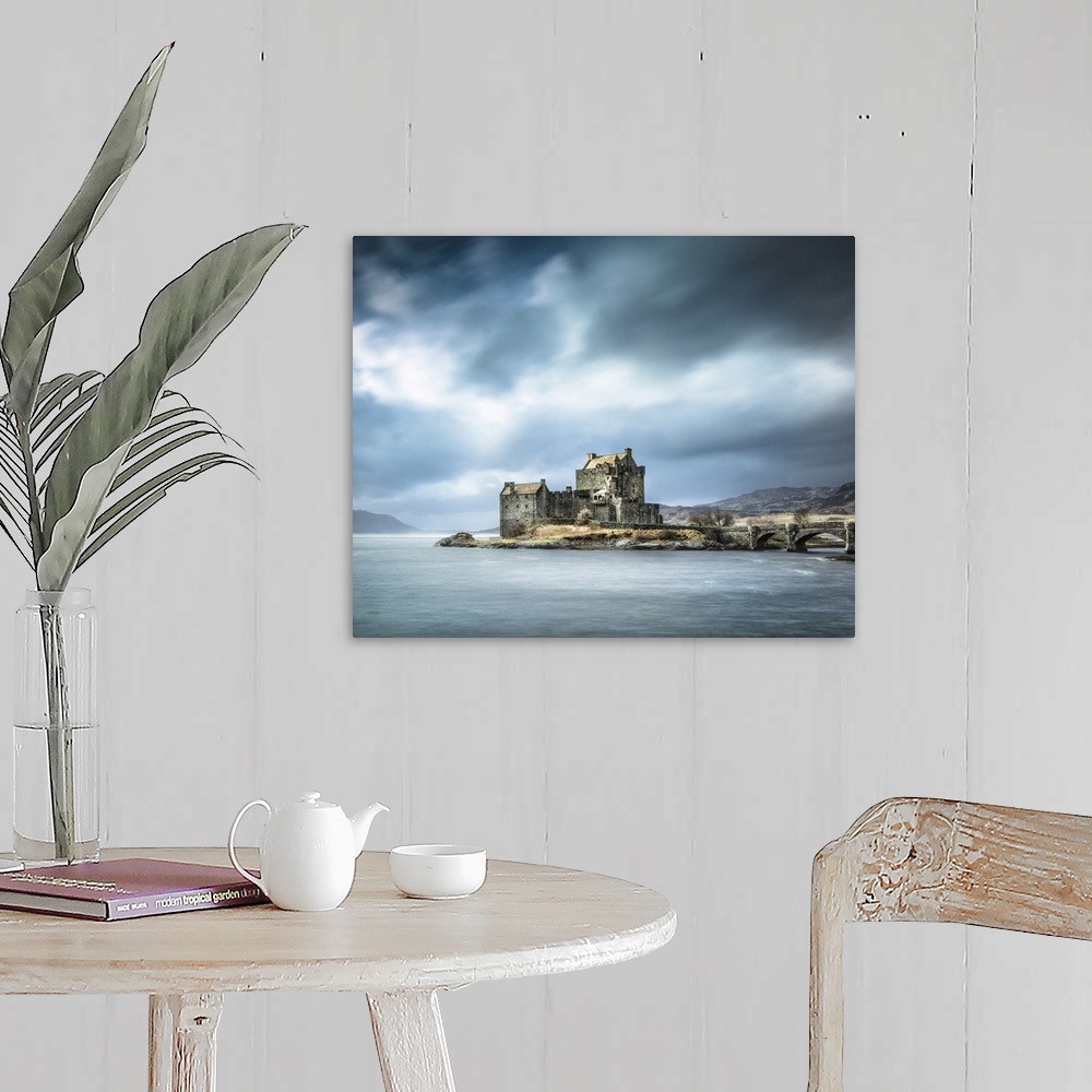 A farmhouse room featuring Beautiful Scottish Castle in the Scottish Highlands called Eilean Donan with a teal sky and drift...