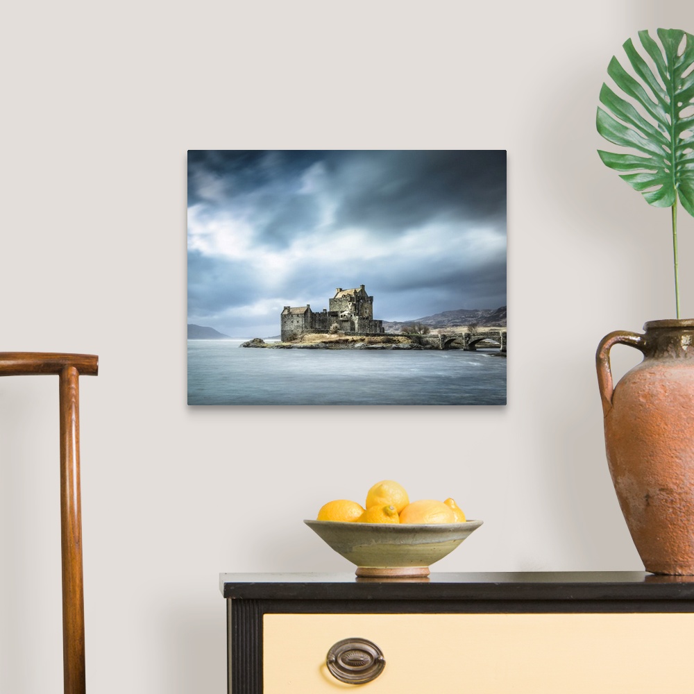 A traditional room featuring Beautiful Scottish Castle in the Scottish Highlands called Eilean Donan with a teal sky and drift...