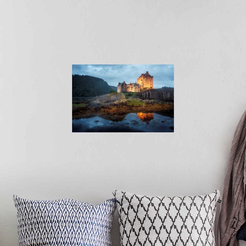 A bohemian room featuring Photograph of old castle on Eilean Donan Island over Loch Duich, with mountains in the distant ba...