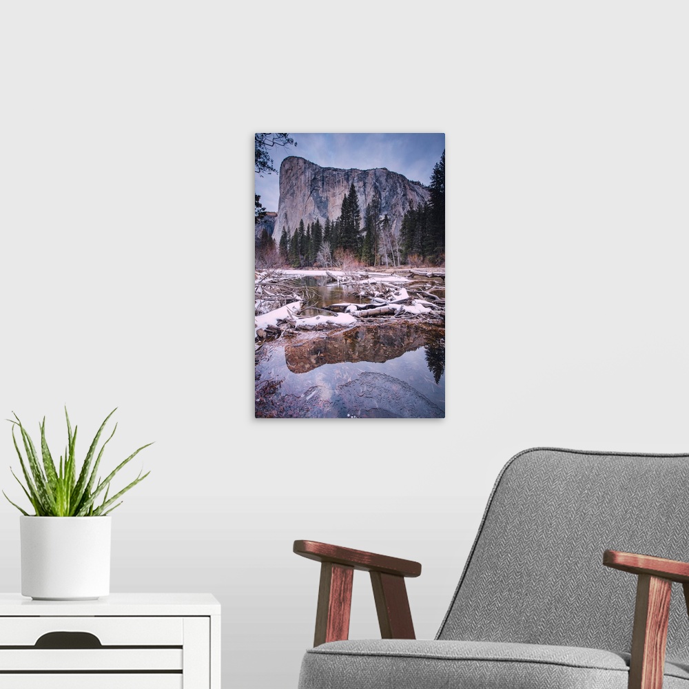 A modern room featuring Blue hour before sunrise at El Capitan, Yosemite National Park, California, in the winter.