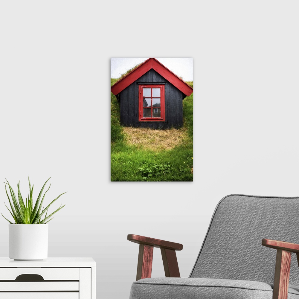 A modern room featuring A small wooden house with black walls and red trim.