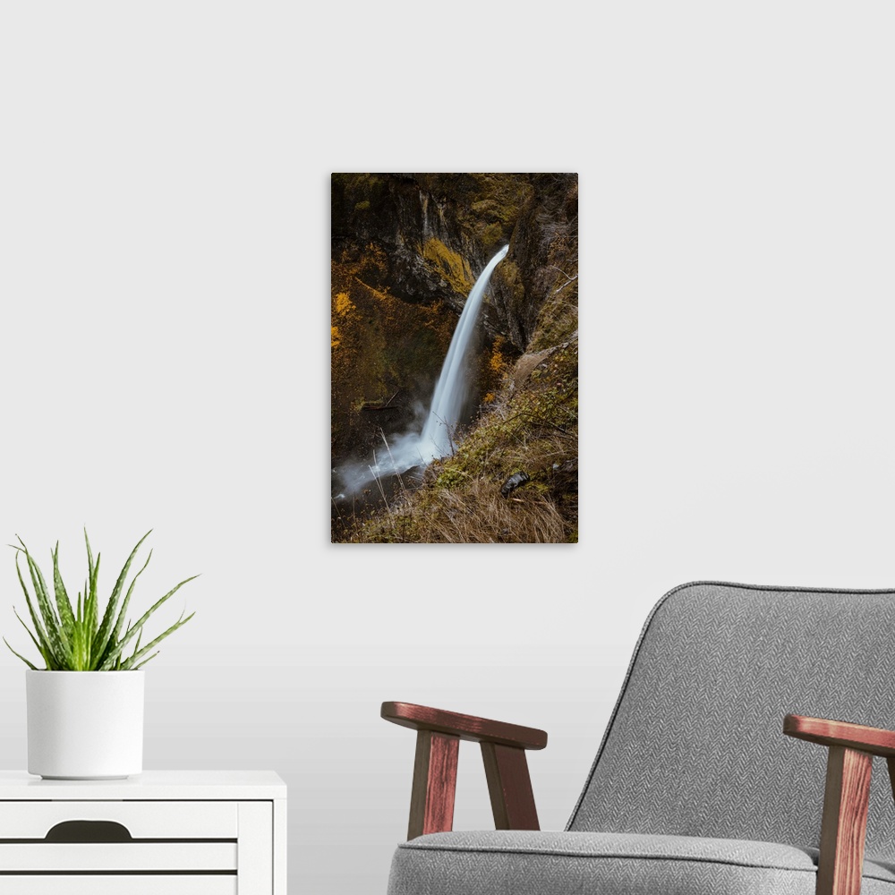 A modern room featuring Elowah Falls, one of several waterfalls along McCord Creek of Columbia River Gorge, Oregon.