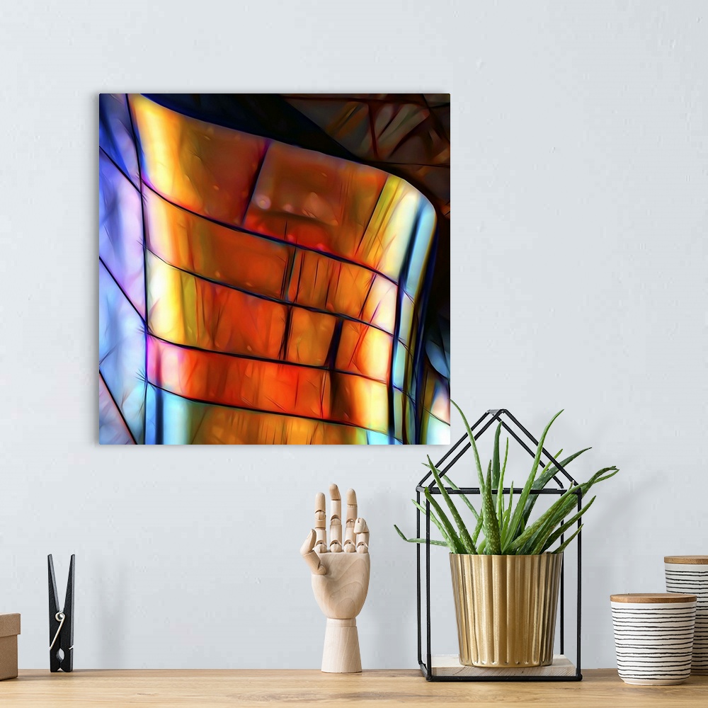 A bohemian room featuring Conceptual photograph of neon colored panels, warped and curved to create an abstract image.