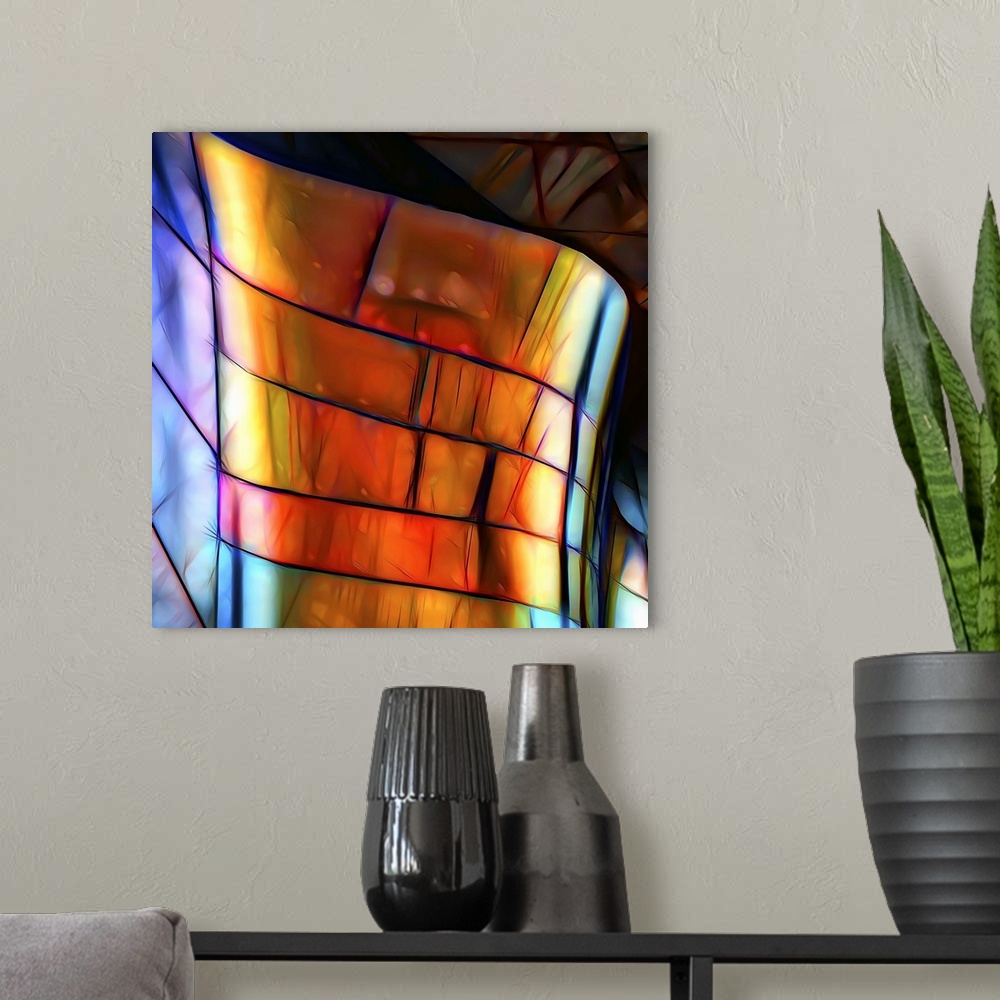 A modern room featuring Conceptual photograph of neon colored panels, warped and curved to create an abstract image.