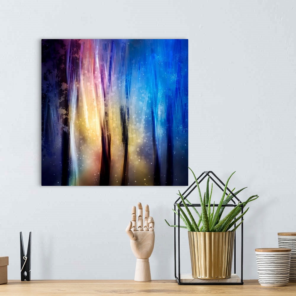 A bohemian room featuring Square abstract photograph with mystical shades of blue, purple, yellow, and pink and dark vertic...