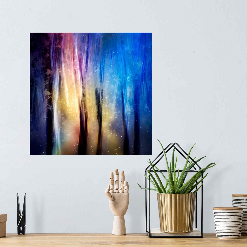 A bohemian room featuring Square abstract photograph with mystical shades of blue, purple, yellow, and pink and dark vertic...