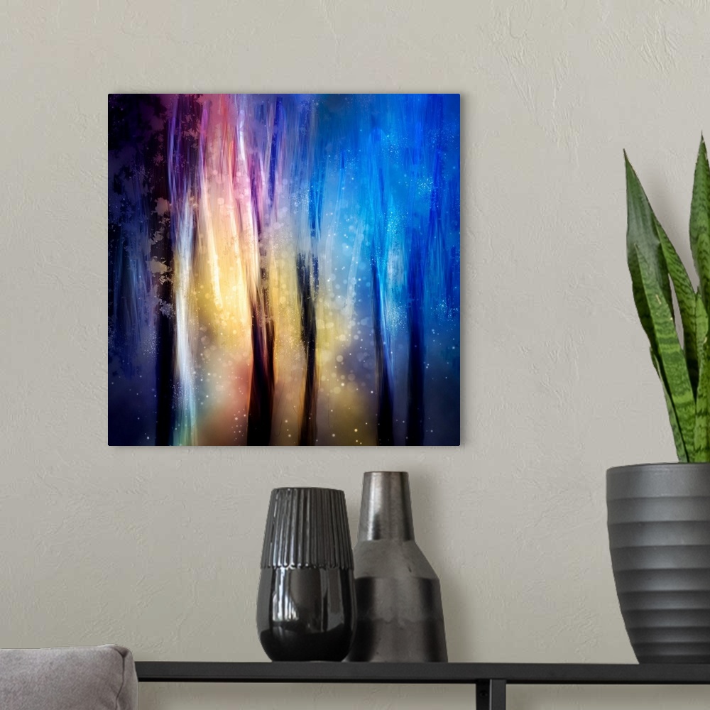 A modern room featuring Square abstract photograph with mystical shades of blue, purple, yellow, and pink and dark vertic...