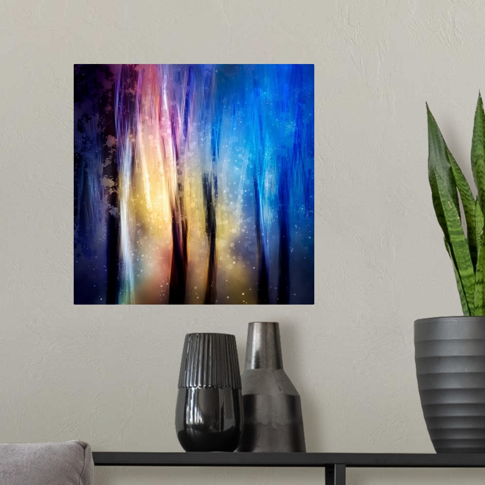 A modern room featuring Square abstract photograph with mystical shades of blue, purple, yellow, and pink and dark vertic...