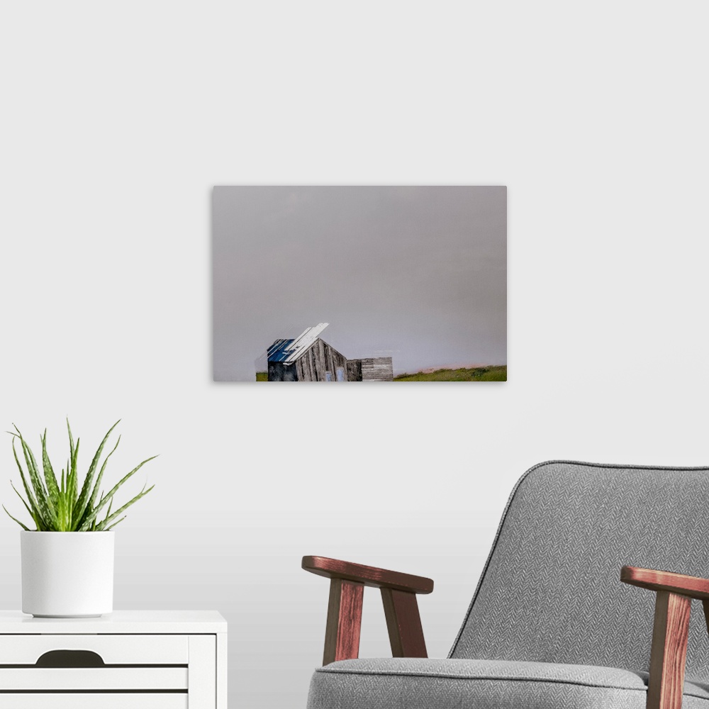 A modern room featuring Contemporary artwork of a distorted cabin under a gray sky.