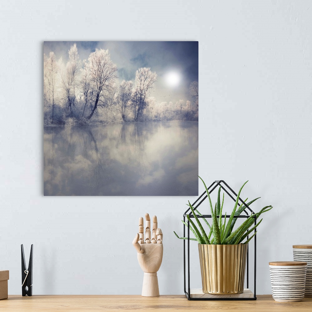 A bohemian room featuring This beautiful photograph is taken from across a lake looking at snow and ice covered trees. The ...