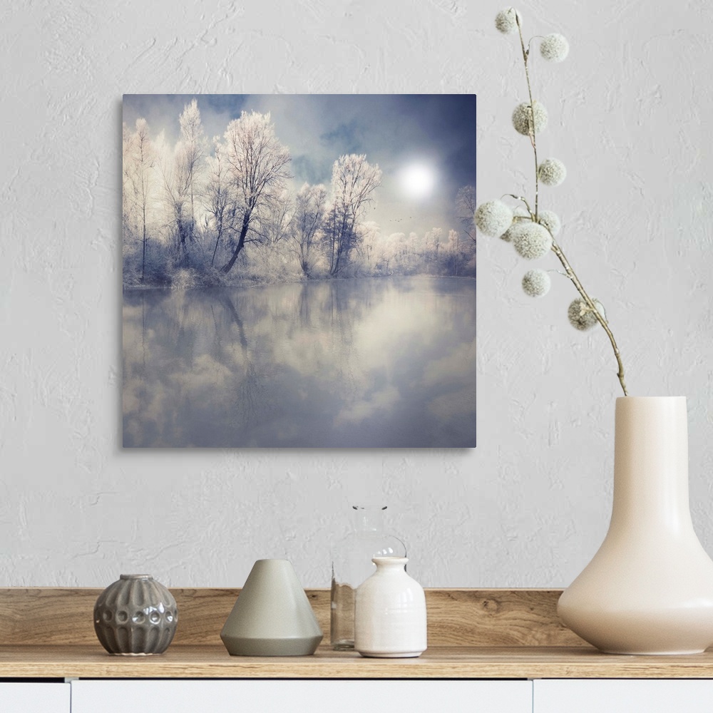 A farmhouse room featuring This beautiful photograph is taken from across a lake looking at snow and ice covered trees. The ...
