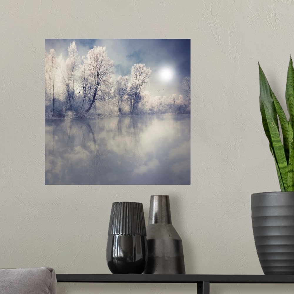A modern room featuring This beautiful photograph is taken from across a lake looking at snow and ice covered trees. The ...