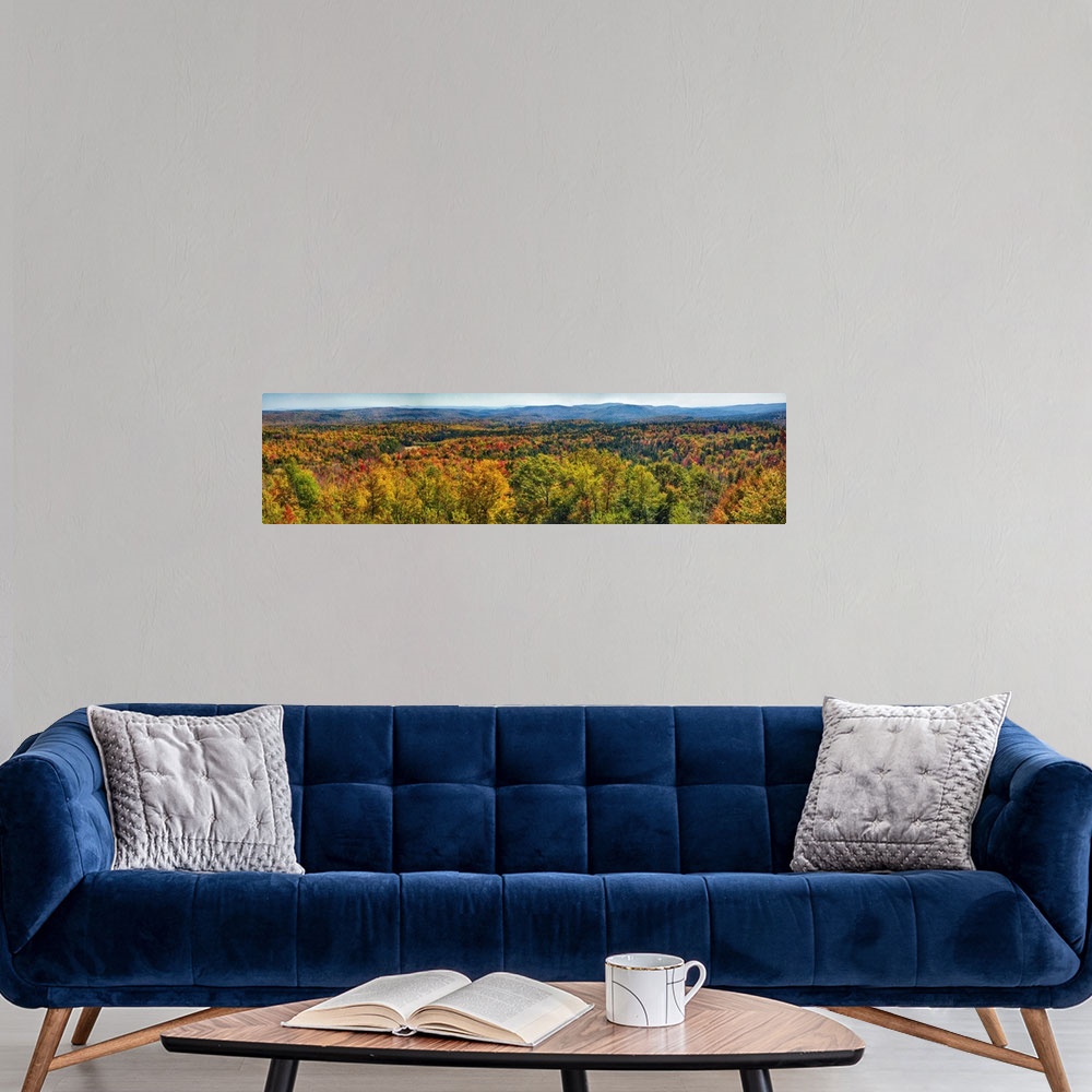 A modern room featuring Panoramic view of a virtually endless forest turning autumn colors in New England.