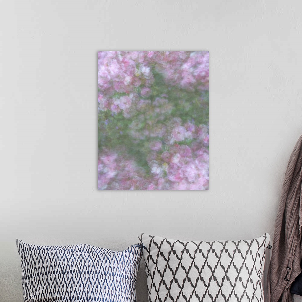 A bohemian room featuring Blurred image of pastel pink roses.