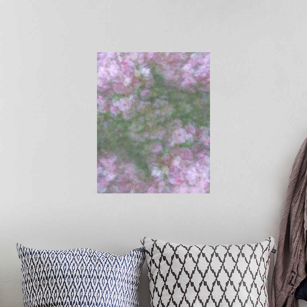 A bohemian room featuring Blurred image of pastel pink roses.