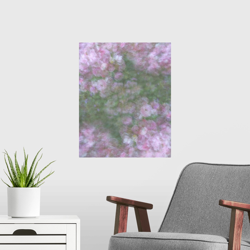 A modern room featuring Blurred image of pastel pink roses.