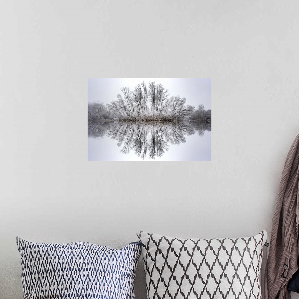 A bohemian room featuring Photograph of a rounded and frozen tree line reflecting onto a calm, glassy lake.