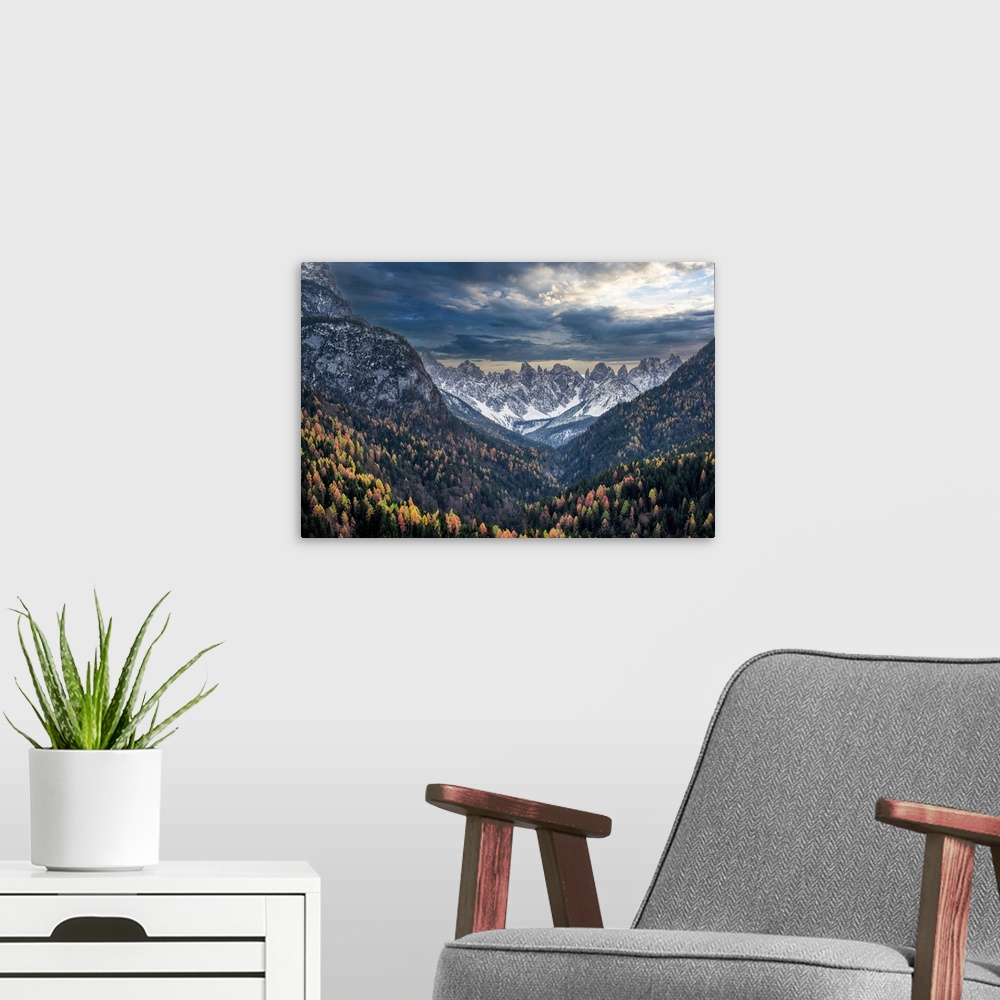 A modern room featuring While I was traveling I noticed this wonderful glimpse. It is a mountain range in the Veneto and ...