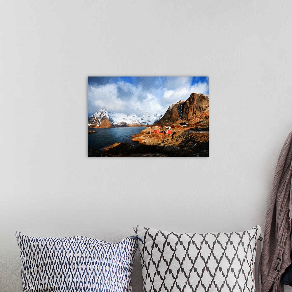 A bohemian room featuring A photograph of a mountainous landscape with a small red building village in the distance.