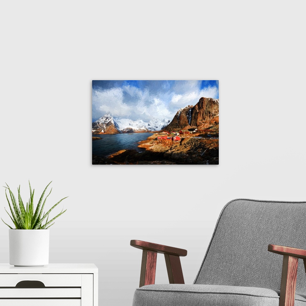 A modern room featuring A photograph of a mountainous landscape with a small red building village in the distance.