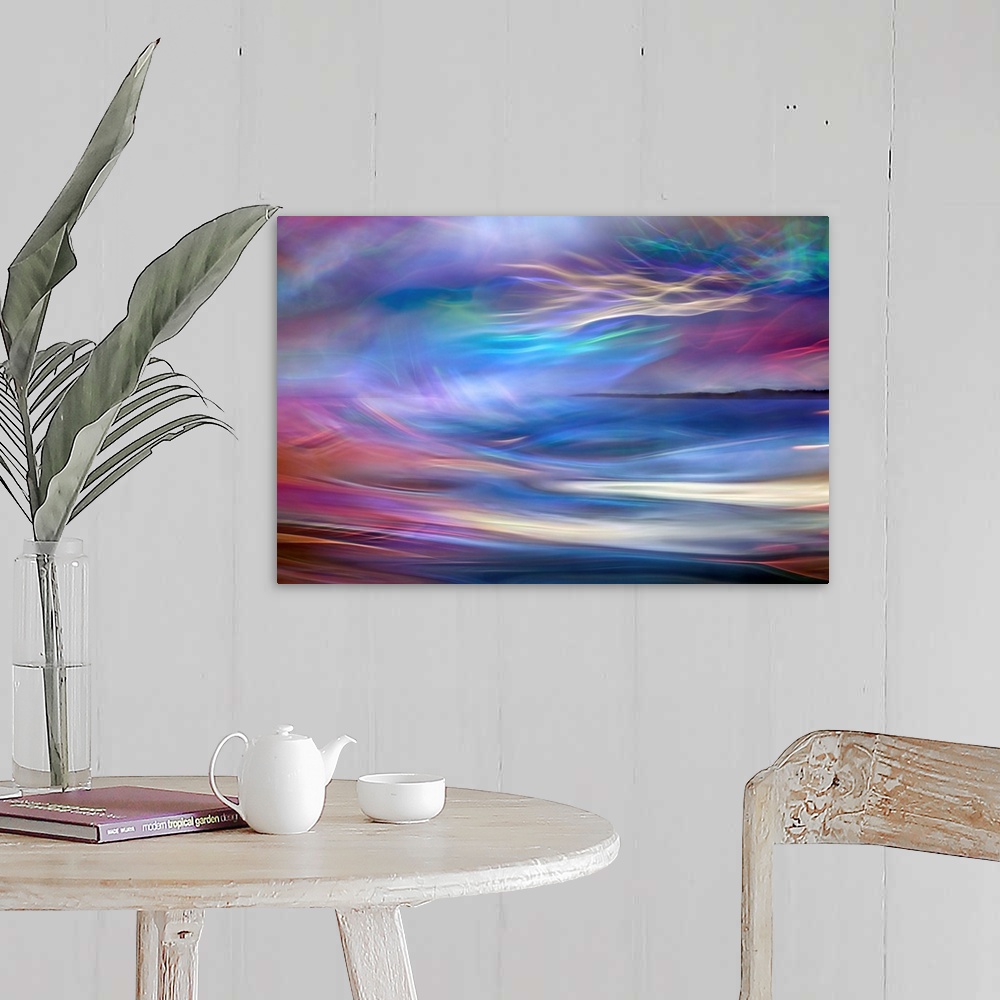 A farmhouse room featuring Abstract photograph using time lapsed photography techniques creating indistinct light trails ble...