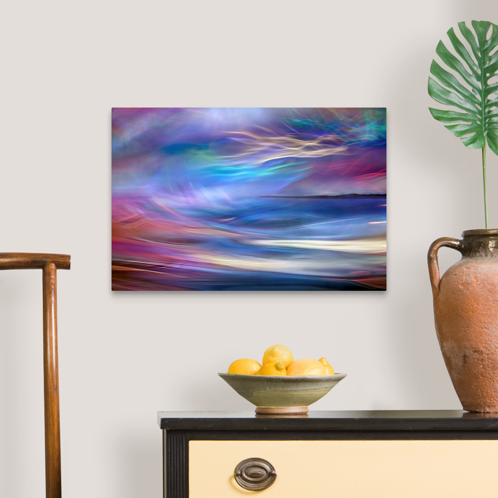 A traditional room featuring Abstract photograph using time lapsed photography techniques creating indistinct light trails ble...