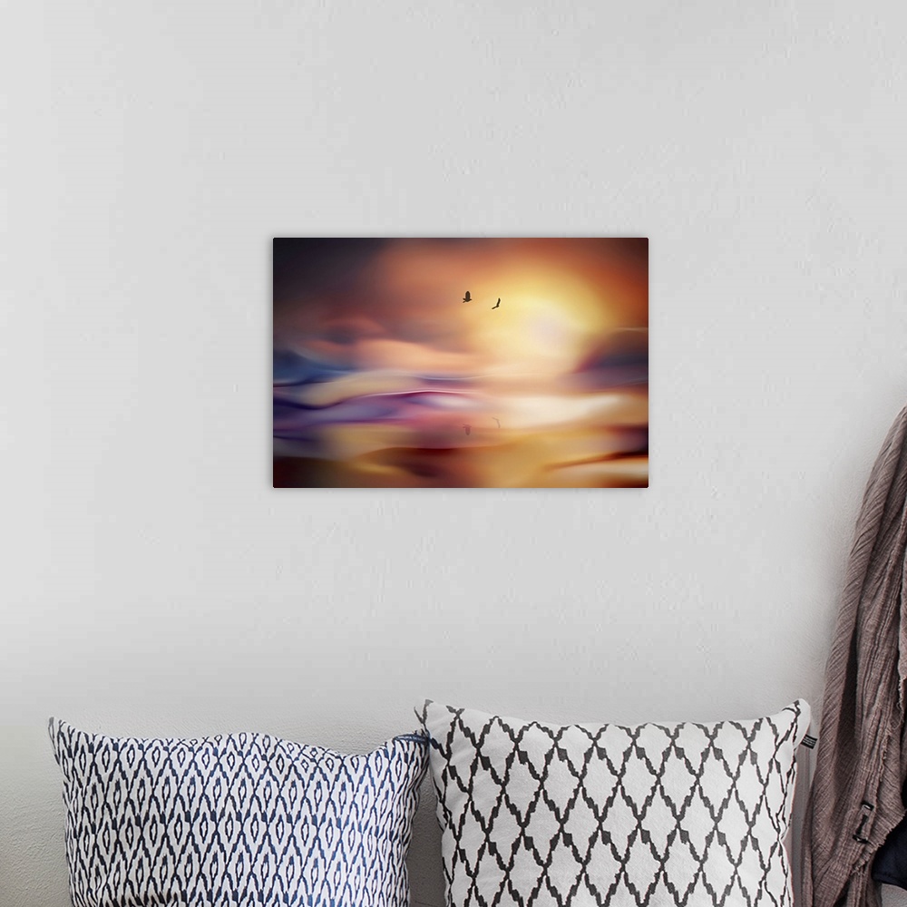 A bohemian room featuring Two birds and their reflections - a flight into the sunset.