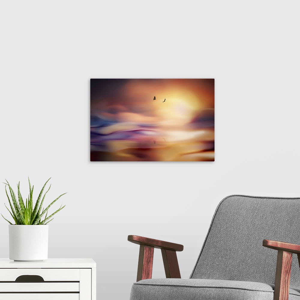 A modern room featuring Two birds and their reflections - a flight into the sunset.
