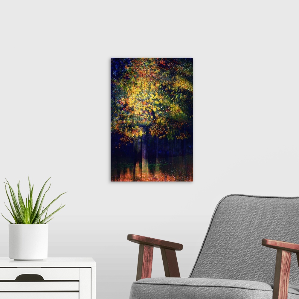 A modern room featuring Abstract image of a tree in a garden in British Columbia, Canada. The image was made using the in...
