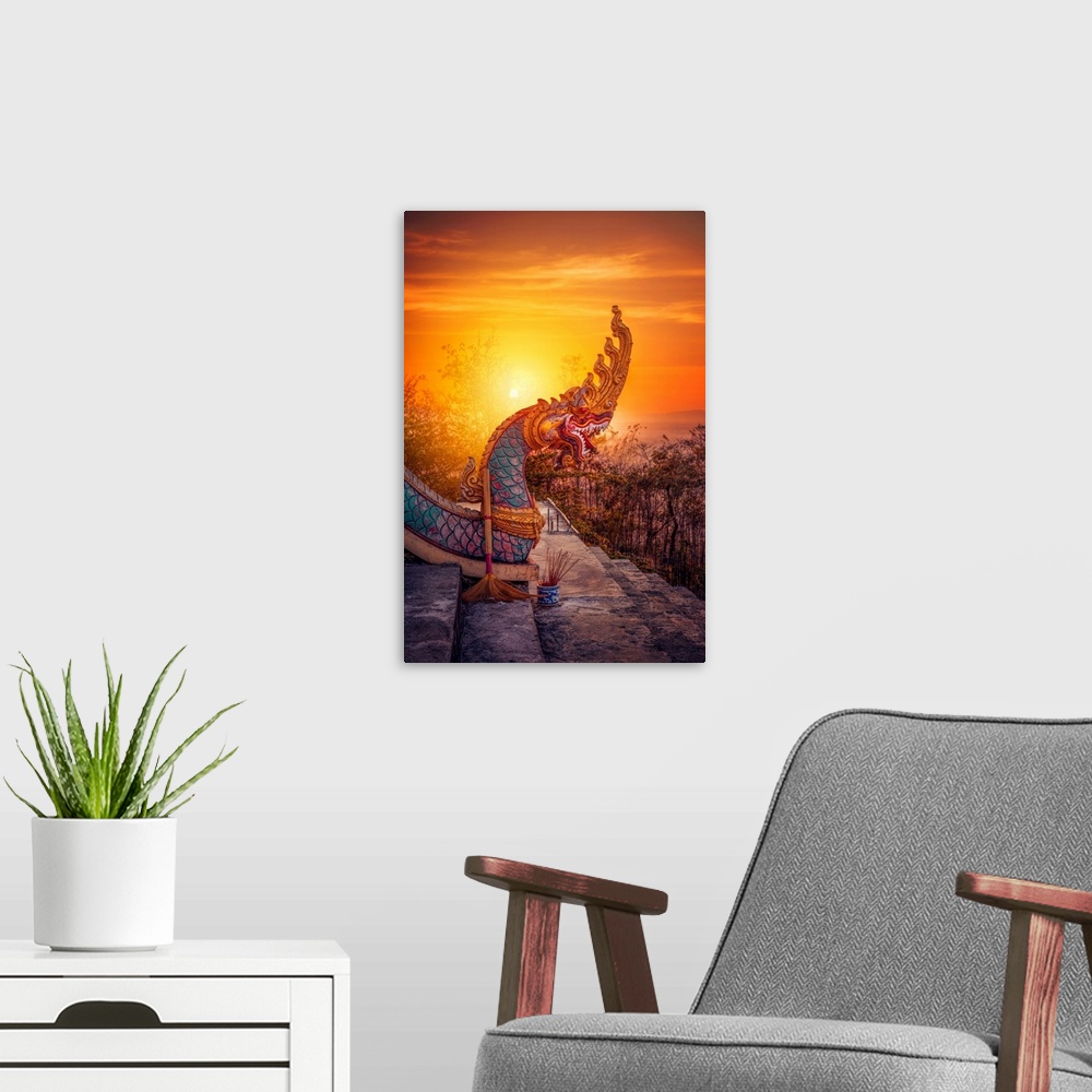 A modern room featuring Sunset with an Asian dragon