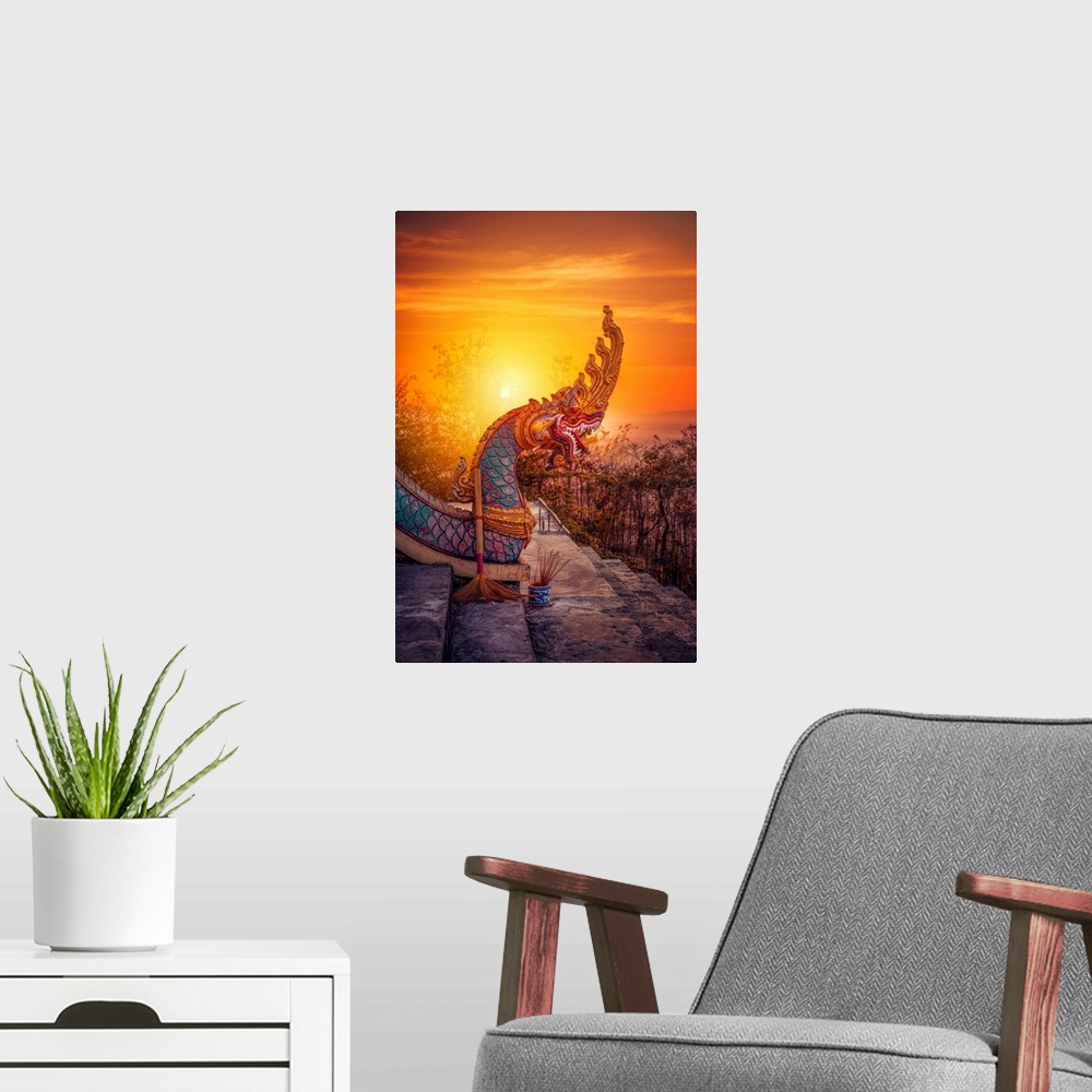 A modern room featuring Sunset with an Asian dragon