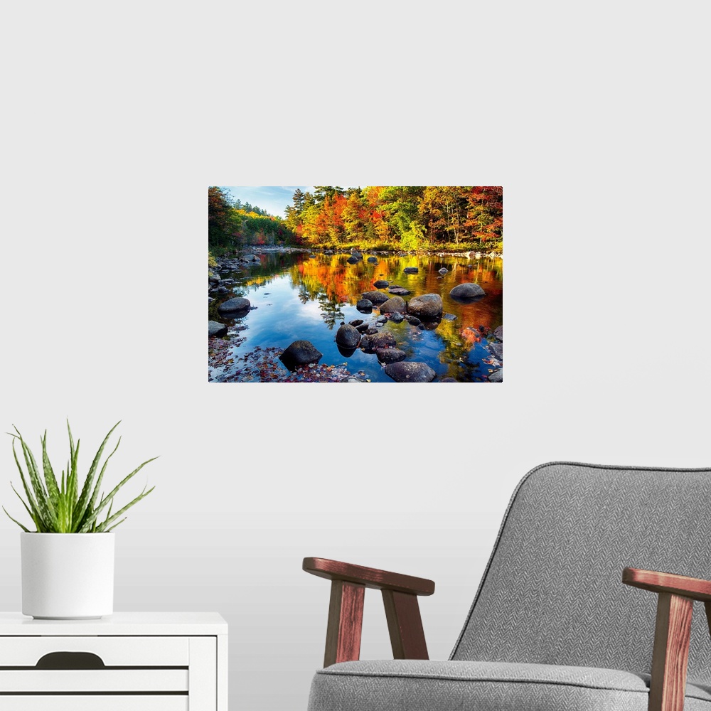 A modern room featuring Fine art photo of bright colors of a forest in autumn being reflected in a pond full of rocks.