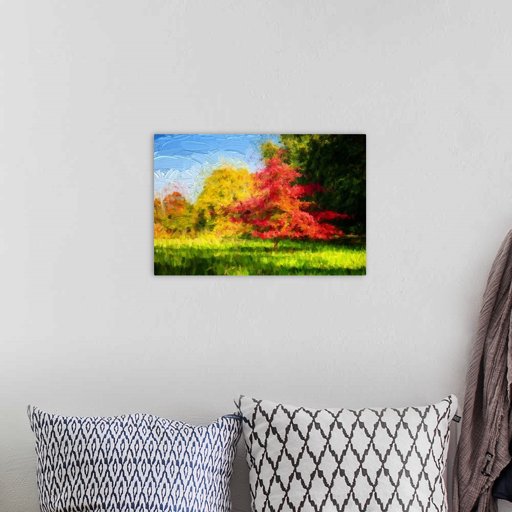 A bohemian room featuring Expressionist photo or painterly of nature in autumn