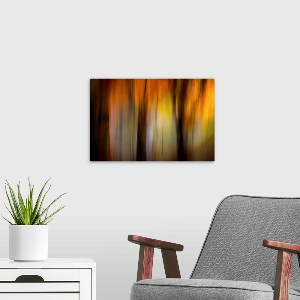 A modern room featuring Abstract photograph of an autumn scene in warm, glowing tones, reminiscent of a forest at sunset.