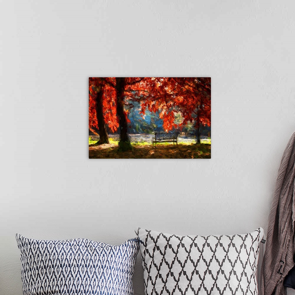 A bohemian room featuring A bench under an oak tree in autumn with a expressionist photo or painterly effect