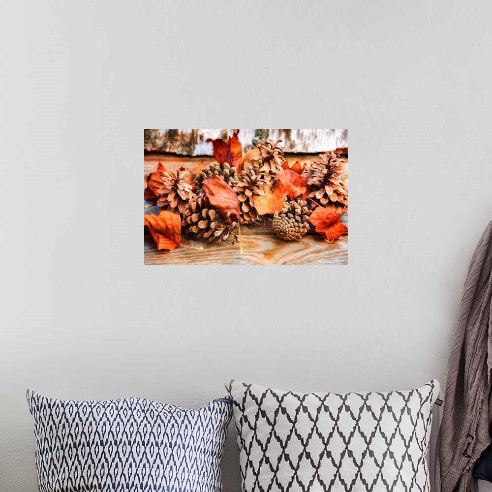 A bohemian room featuring Fine art photograph of Autumn leaves and pine cones on a wooden background with a painted look.