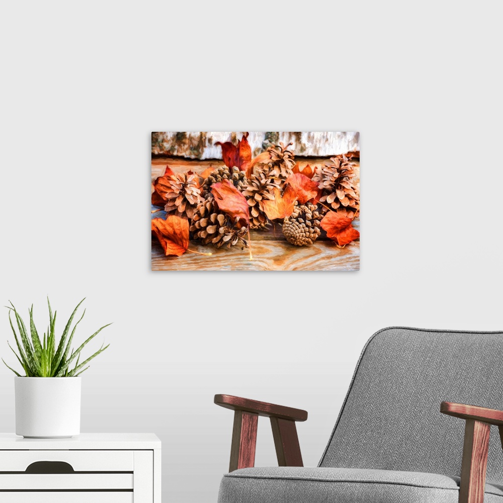 A modern room featuring Fine art photograph of Autumn leaves and pine cones on a wooden background with a painted look.