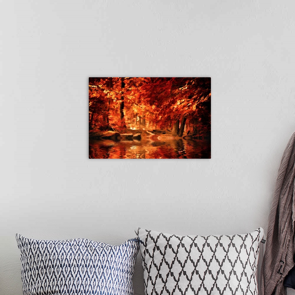 A bohemian room featuring A river in a forest reflecting the orange and red leaves around it.