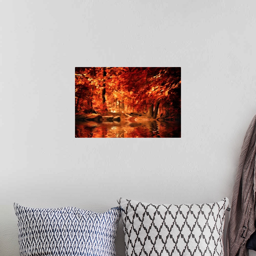A bohemian room featuring A river in a forest reflecting the orange and red leaves around it.